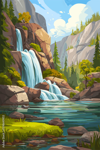 Stunning Mountain Waterfall Landscape in a Vibrant Natural Setting