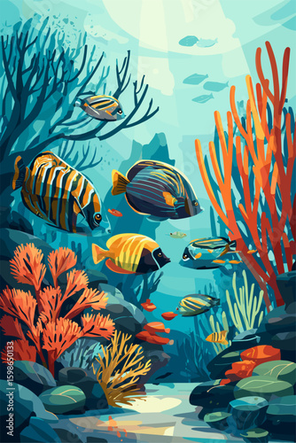 Vibrant Underwater Scene with Colorful Fish and Coral in a Marine Ecosystem