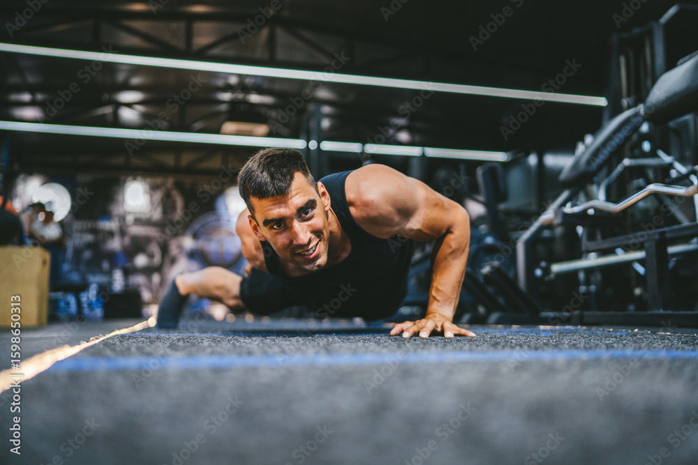 Fototapeta premium young adult man bodybuilder doing push ups exercise training in the gym