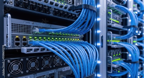 Close-up server rack with blue cables and lit components