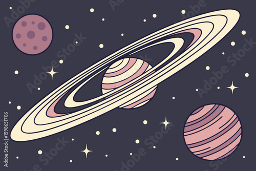 Swirling galaxy nebula with stars, moons, and distant planets glowing in space, representing cosmic wonder, modern flat illustration style.