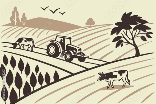 Tractor working across farmland as cows graze nearby, representing daily agriculture life and food production, modern flat illustration style.