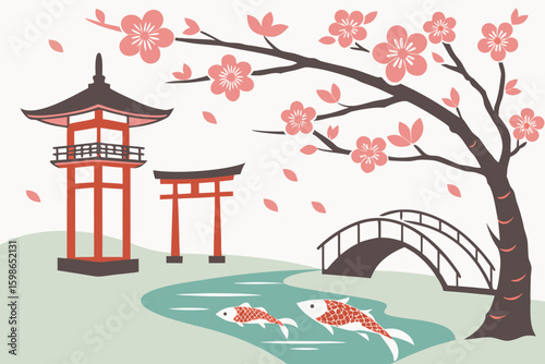 Traditional Japanese art sketch showing cultural symbols or elements, ideal for travel or heritage designs, modern flat illustration style.