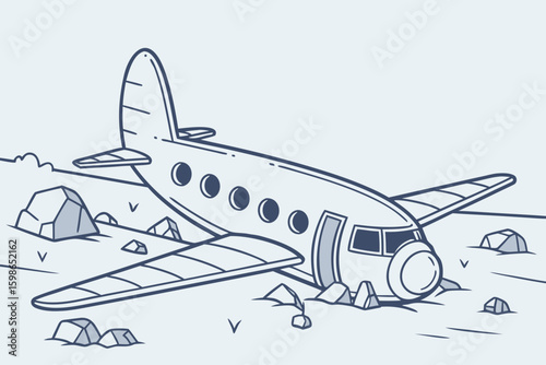 Twisted metal and debris lie beneath calm skies, unmistakably the remnants of a plane crash, modern flat illustration style