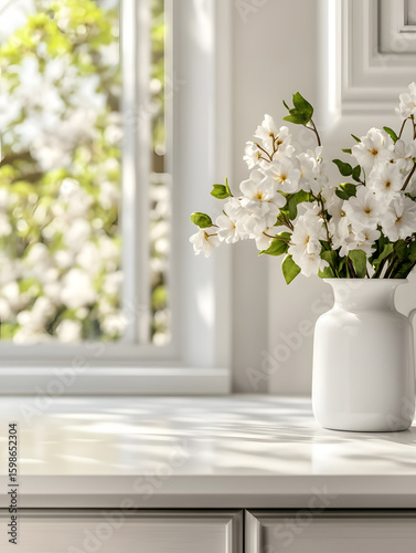 white kitchen room background for zoom calls. Minimal light room with wooden table in foreground