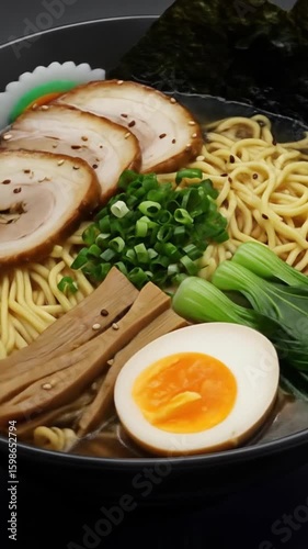 Authentic Japanese Ramen with Rich Broth, Noodles, Soft-Boiled Egg, and Toppings – Steaming Hot Bowl of Comfort Food with Pork, Seaweed, and Scallions.