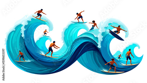 Illustration of multiple surfers riding large blue waves on surfboards against a white background