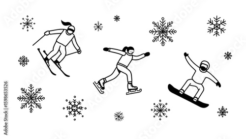Illustration of winter sports activities including skiing ice skating and snowboarding with snowflakes around them