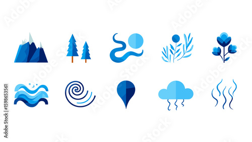 Collection of ten blue nature themed icons including mountains trees water and floral elements arranged nicely