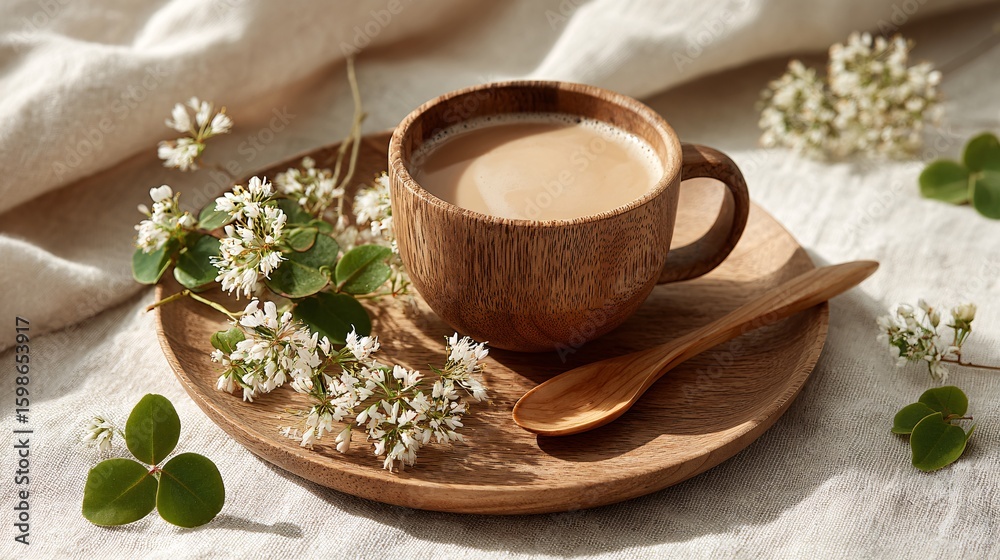Wooden cup of coffee with small white flowers on a wooden plate. Wooden cup of coffee with small white flowers on a wooden plate.