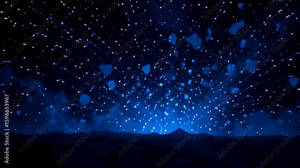 Starlit silhouettes ripple and distort against a backdrop of deep blue, where the mesmerizing pulsations of exploding shards from noise hazy abstract starburst geometry evoke a sense of