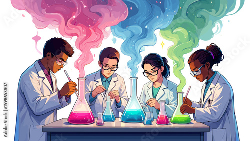 Diverse scientists conducting colorful experiments with beakers and test tubes in a laboratory setting