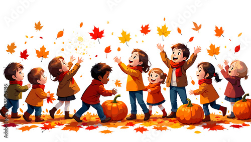 Group of children playing with falling autumn leaves and pumpkins in a festive fall scene outdoors