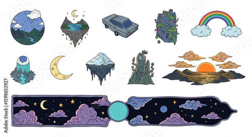Collection of cartoon drawings featuring landscapes vehicles celestial bodies and natural phenomena art 100