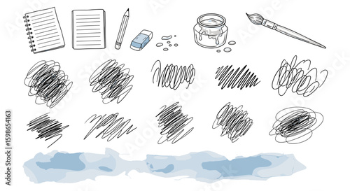 Illustration of art supplies including sketchbooks pencil eraser ink and various scribble patterns drawn above