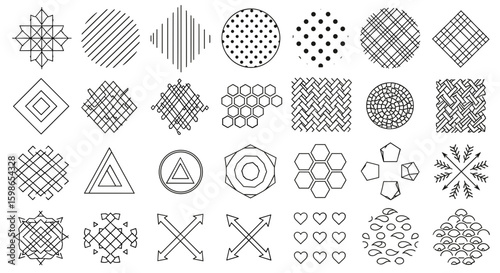 Collection of geometric shapes and patterns including lines dots honeycombs hearts and arrows in black and white