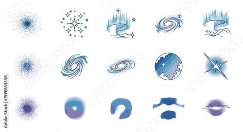 Collection of cosmic themed illustrations featuring galaxies stars and aurora borealis in blue and purple tones