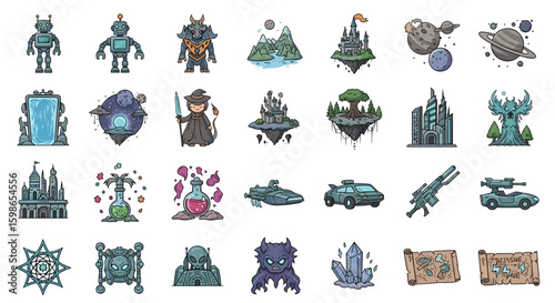 Illustration of fantasy game assets including robots castles potions and various other game elements