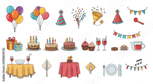 Illustration of various party and birthday related items including cakes balloons and decorations