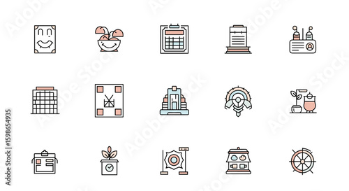 Collection of assorted icons featuring buildings plants and various office and travel related items arranged