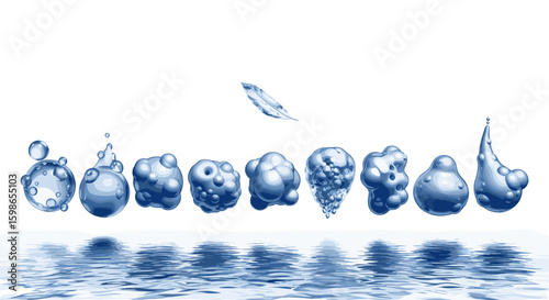 Water droplets and feather above water surface with reflections creating a serene and calming scene