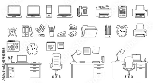 Outline drawing of office supplies and furniture including desks laptops printers and various accessories