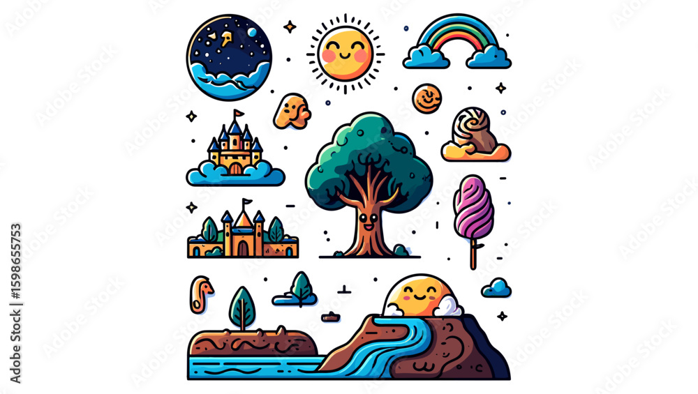 Naklejka premium Cartoon illustration of a whimsical landscape with castles, rainbow, and smiling sun and moon icons