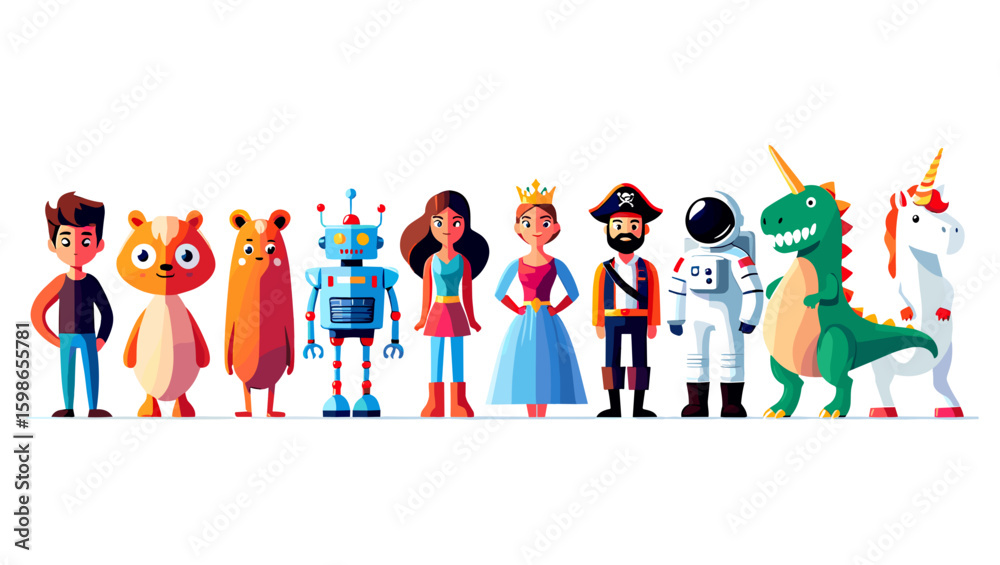 Fototapeta premium A collection of cartoon characters including a boy, animals, robot, princess, pirate and astronaut