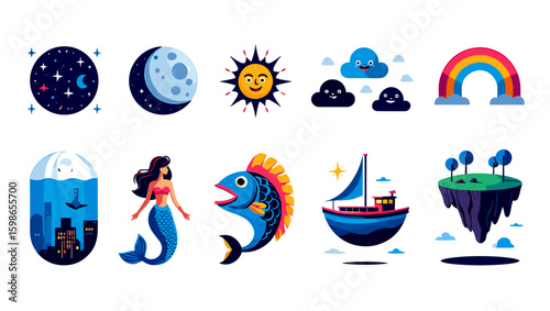 Collection of whimsical cartoon illustrations featuring celestial bodies and fantasy elements in vibrant colors