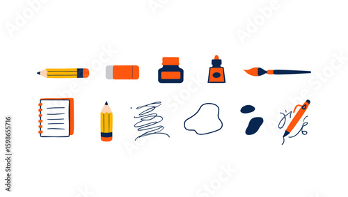 Illustration of stationery and art supplies including pencils eraser ink and paintbrush on white background