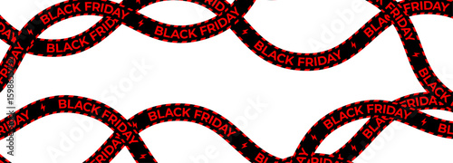 Black Friday Sale Ribbon Banner with Red Text on Black Tape. Wavy Striped Design Isolated on White Background for Ecommerce, Promotions, and Shopping Ads. Vector Illustration.