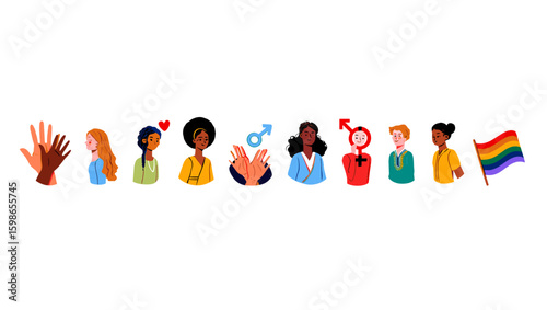 Diverse group of people with pride flag and gender symbols representing lgbtqia community support