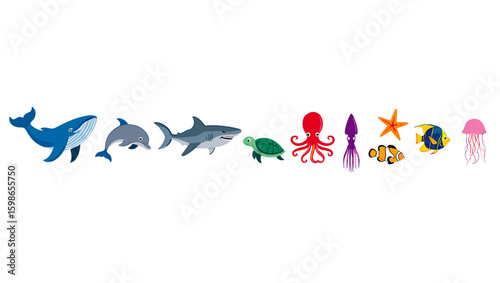 Cartoon illustration of various sea creatures including whale dolphin shark and tropical fish collection