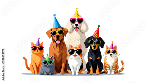 Group of cats and dogs wearing party hats and sunglasses celebrating together in a bright setting