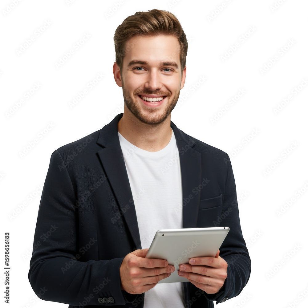Smiling man with tablet isolated on transparent background Smiling man with tablet isolated on transparent background