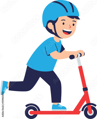 Boy riding red scooter wearing blue helmet and shirt child