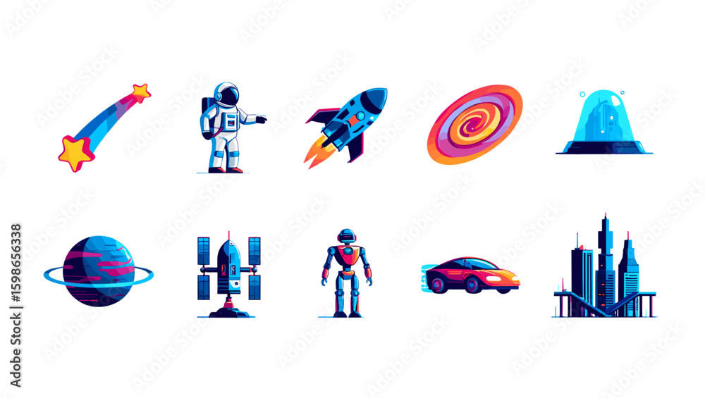 Fototapeta premium Collection of futuristic elements including astronaut rocket car and city skyline in vector format