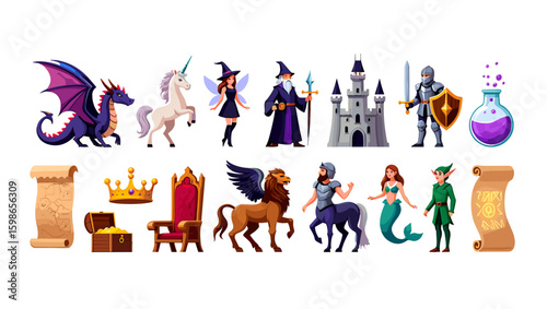 Collection of fantasy characters and objects including a dragon, unicorn, and castle illustration