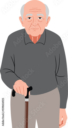 Elderly man with cane wearing grey shirt and beige pants walking stick