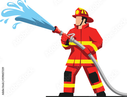 Firefighter spraying water from hose vector