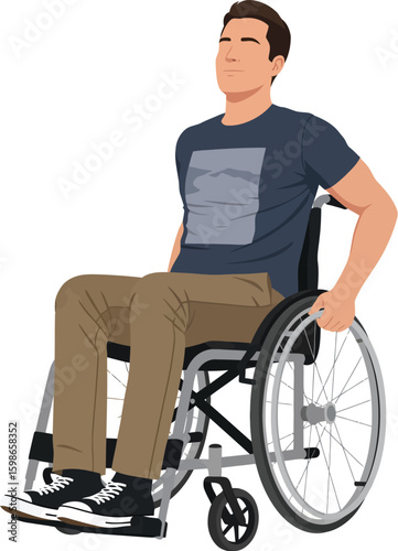 Man in wheelchair with graphic t-shirt and pants seated person