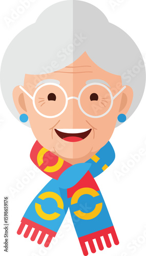 Smiling elderly woman with grey hair wearing glasses and a colorful scarf vector