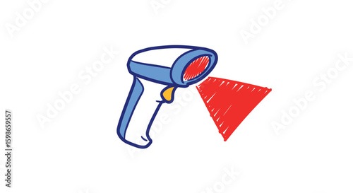 Handheld barcode scanner emitting red red laser beam on white background  