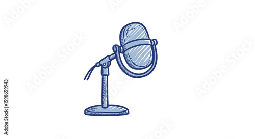 Vintage desktop microphone on stand illustration in blue line art style  