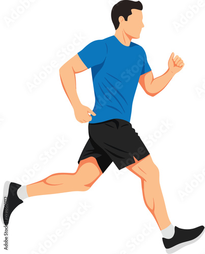 Athletic man running blue shirt black shorts fitness exercise