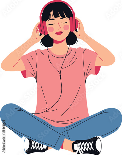 Young woman enjoying music with headphones listening pink shirt