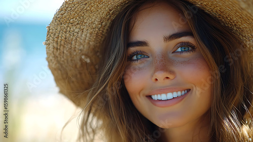 Beautiful Freckled Woman Smiling in Straw Hat Outdoors