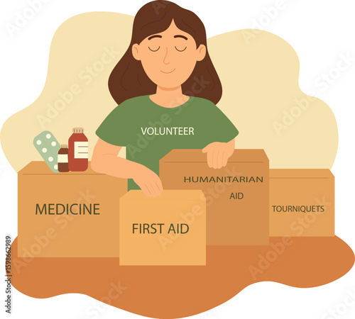 Female Volunteer Preparing Humanitarian Aid Boxes