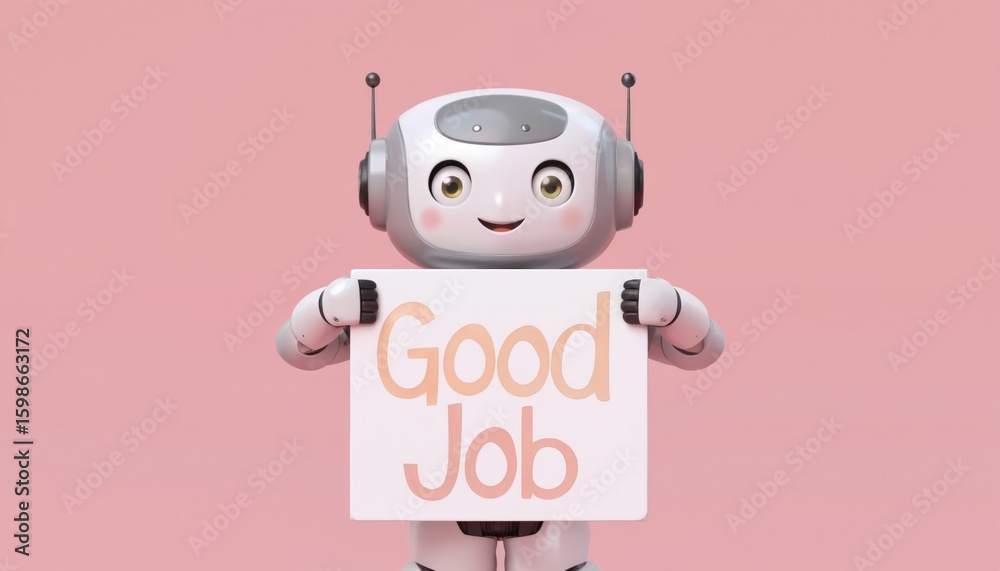 Obraz premium Cheerful robot with cute eyes holds sign saying Good Job. Modern, friendly character promotes positivity, encouragement. Vibrant pink background. Digital animation, playful message for success,