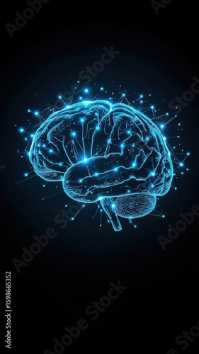 Glowing polygonal brain is processing data on dark background